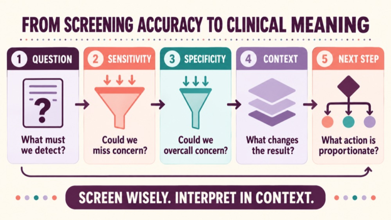 Sensitivity vs specificity infographic showing context, evidence, and proportionate next steps