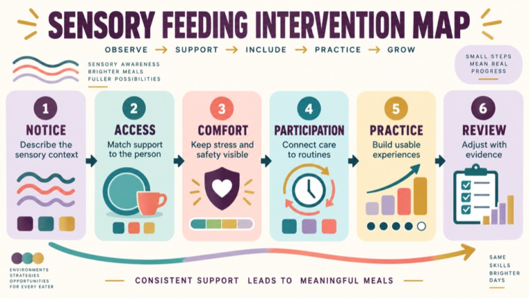 Sensory feeding intervention concept map showing the core domains and clinical questions