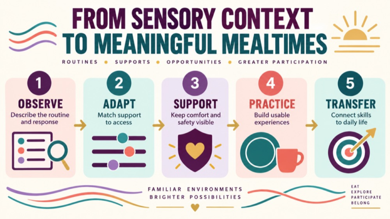 Sensory feeding intervention infographic showing context, evidence, and proportionate next steps