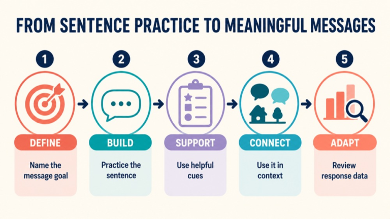 Sentence production therapy aphasia infographic showing context, evidence, and proportionate next steps