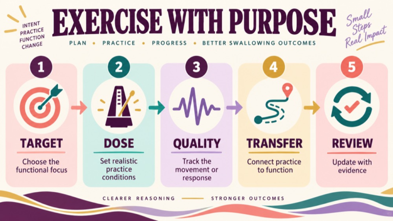 Shaker exercise swallowing infographic showing context, evidence, and proportionate next steps