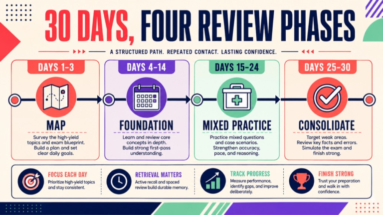 slp praxis 30 day study plan infographic showing 30 days, four review phases