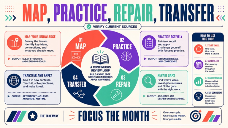 slp praxis 30 day study plan infographic showing map, practice, repair, transfer