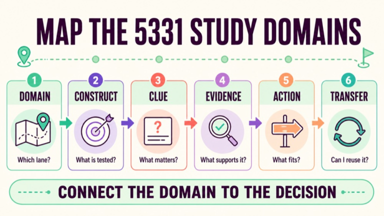 SLP Praxis 5331 domain practice questions infographic mapping domain construct clue decision link and transfer