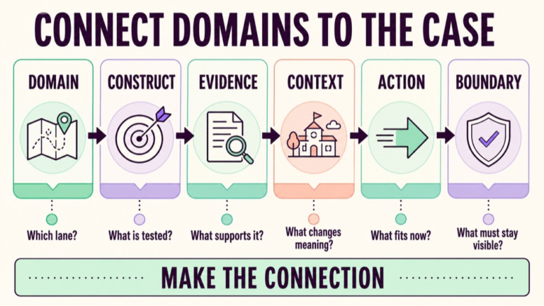 SLP Praxis 5331 domain practice questions infographic connecting domain label evidence context action and boundary