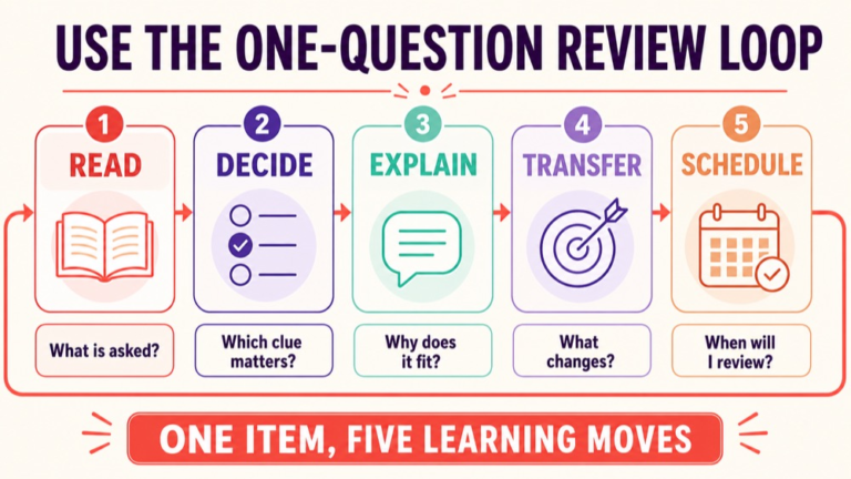 SLP Praxis 5331 practice question of the day infographic showing the read decide explain transfer schedule loop