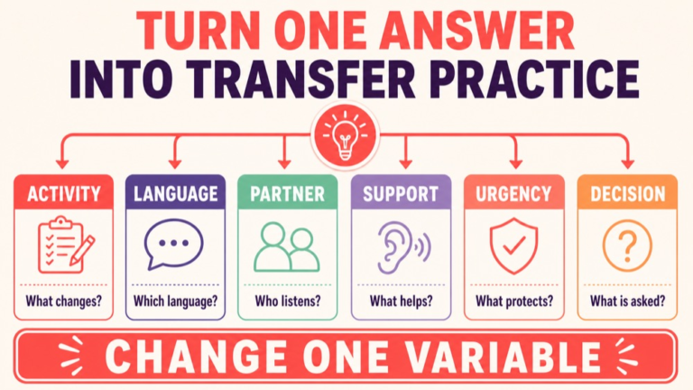 SLP Praxis 5331 practice question of the day infographic showing how one answer changes by context for transfer practice