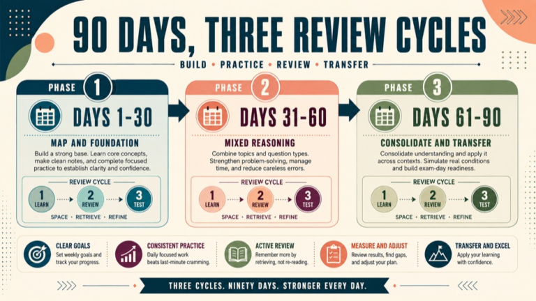 slp praxis 90 day study plan infographic showing 90 days, three review cycles