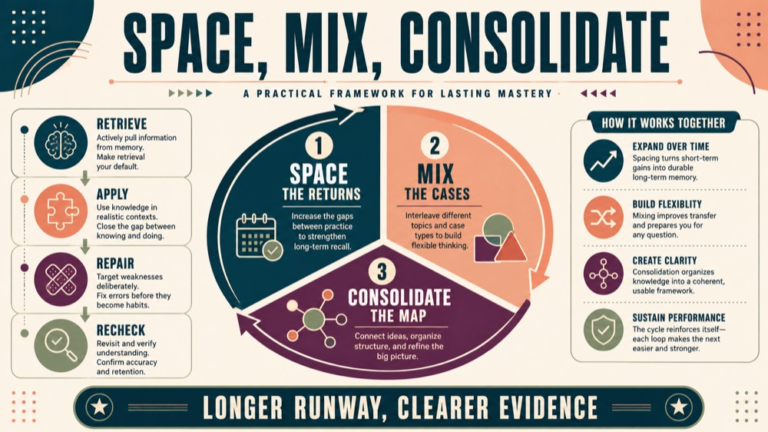 slp praxis 90 day study plan infographic showing space, mix, consolidate