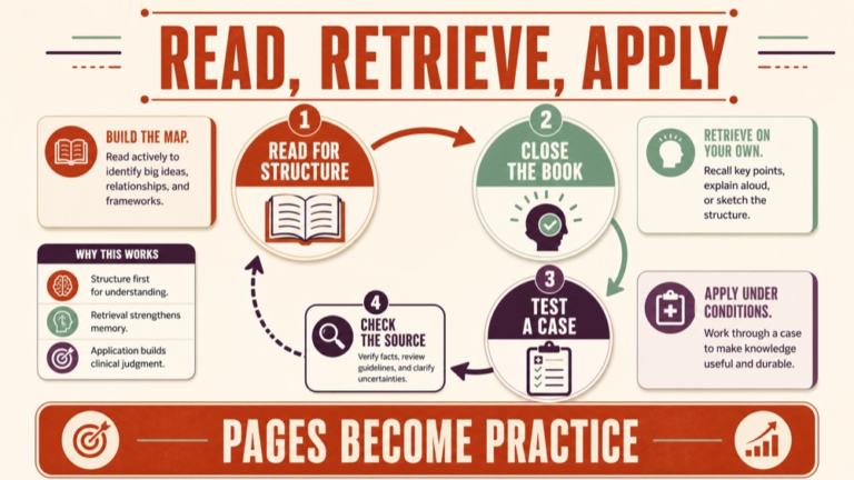 slp praxis book infographic showing read, retrieve, apply