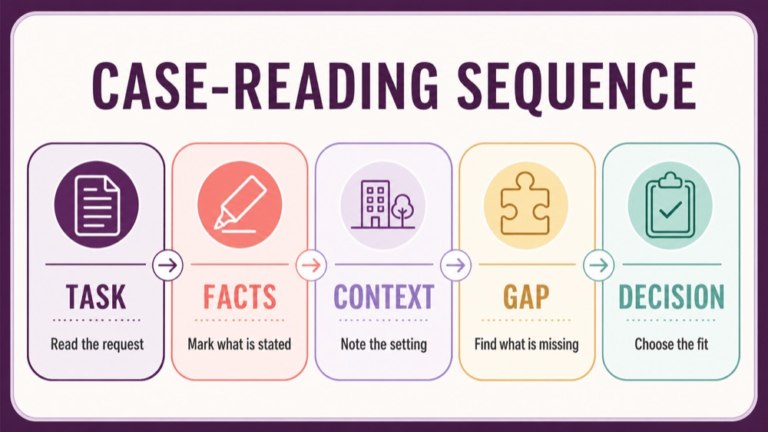 SLP Praxis case based questions reading sequence from case facts to task evidence and decision