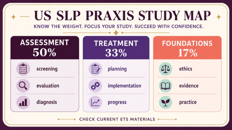 SLP Praxis exam blueprint study map showing domains weights and weekly review blocks