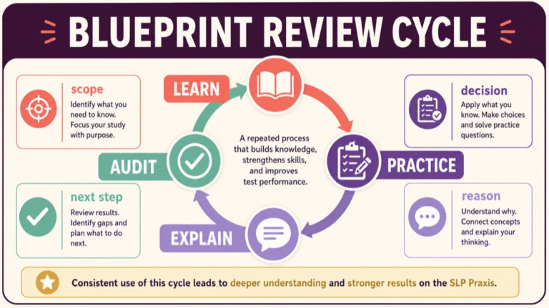 Blueprint review cycle for learning practicing applying and auditing SLP Praxis domains