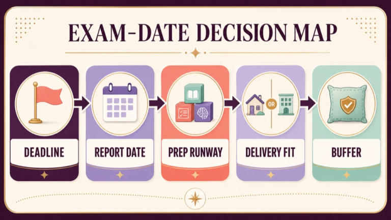 SLP Praxis exam date planning map from deadline and preparation to appointment and buffer