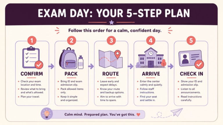 SLP Praxis exam day checklist registration and arrival steps infographic