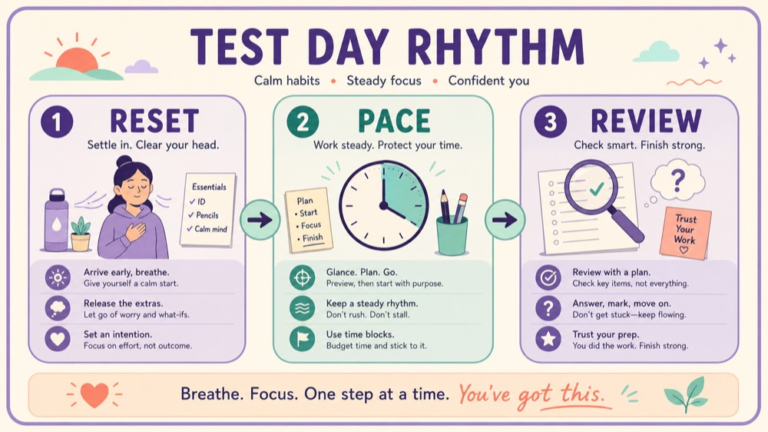 SLP Praxis exam day checklist pacing and review infographic