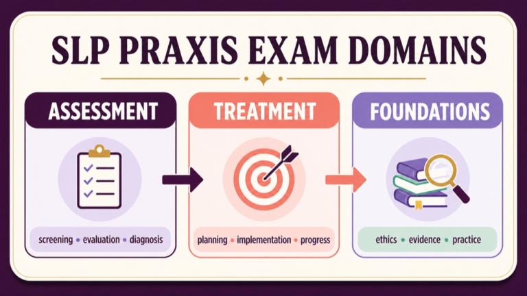 SLP Praxis exam domains map connecting assessment treatment and professional practice