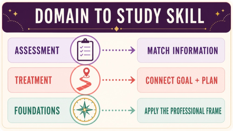 Domain to skill study map for SLP Praxis reading evidence choosing and explaining