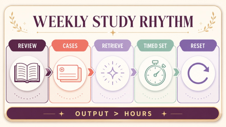 SLP Praxis weekly study rhythm infographic with review cases timed practice and reset blocks