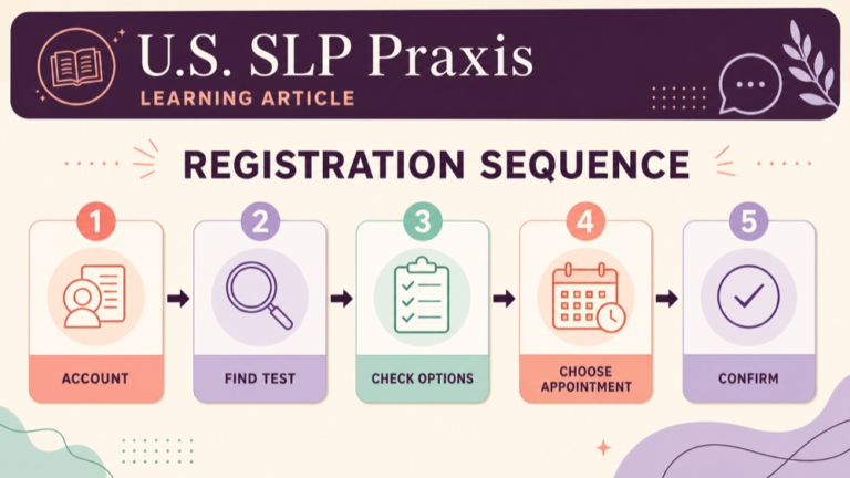 SLP Praxis exam registration steps shown as a sequence from account setup to appointment confirmation