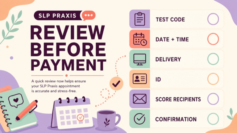 SLP Praxis exam registration steps checklist for test date, delivery option, identification, and score recipients