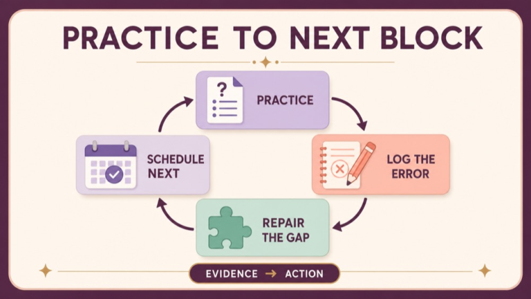 SLP Praxis study feedback cycle connecting practice questions error review and the next study block