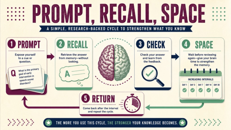slp praxis flashcards infographic showing recall, contrast, apply