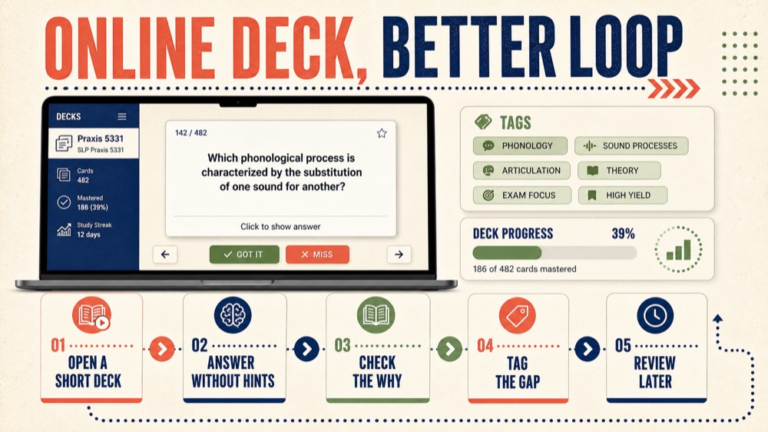 slp praxis flashcards online infographic showing card, case, transfer