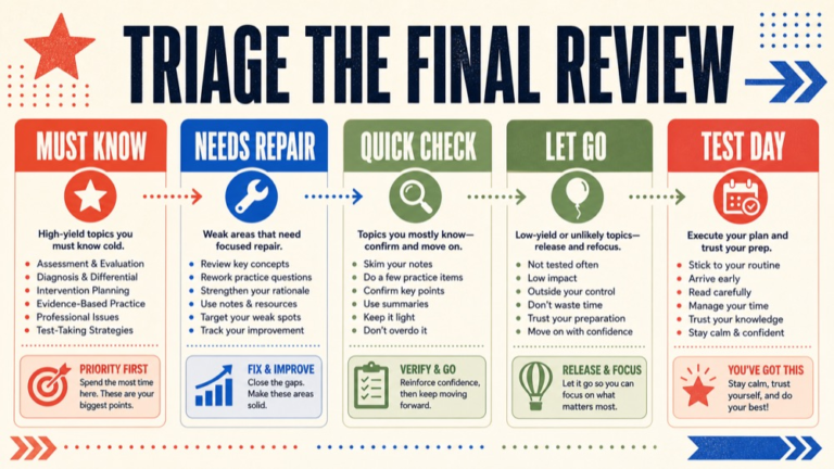 slp praxis last minute study plan infographic showing triage the final review