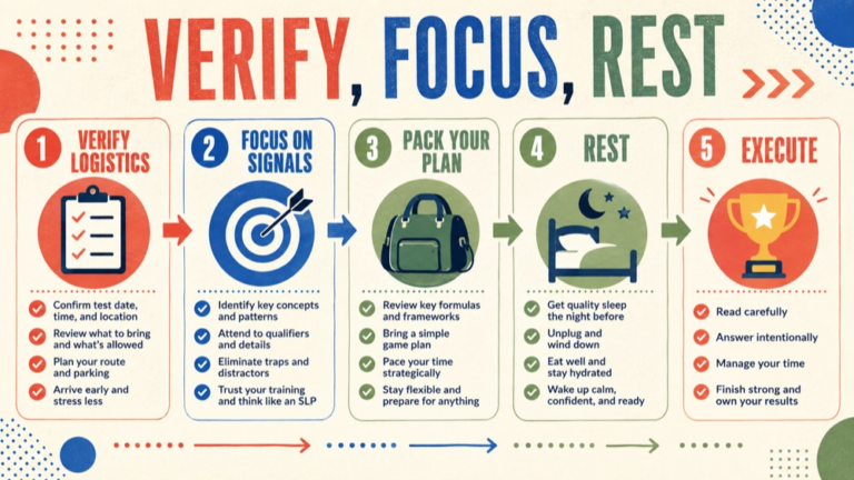 slp praxis last minute study plan infographic showing verify, focus, rest