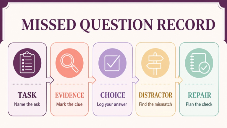 SLP Praxis missed questions review record with task evidence distractor and repair steps