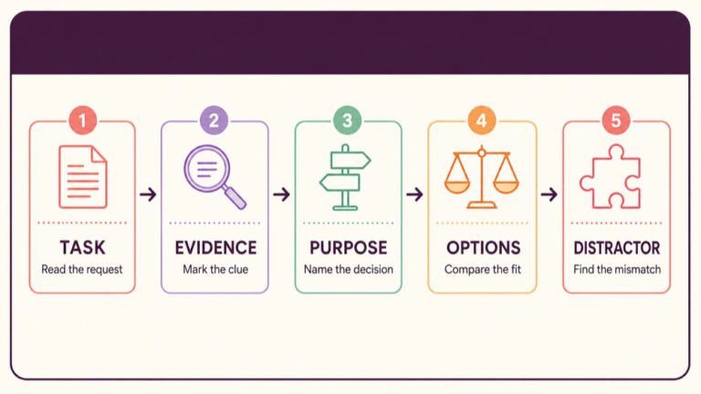 SLP Praxis multiple choice questions decision method for task evidence fit and distractor comparison