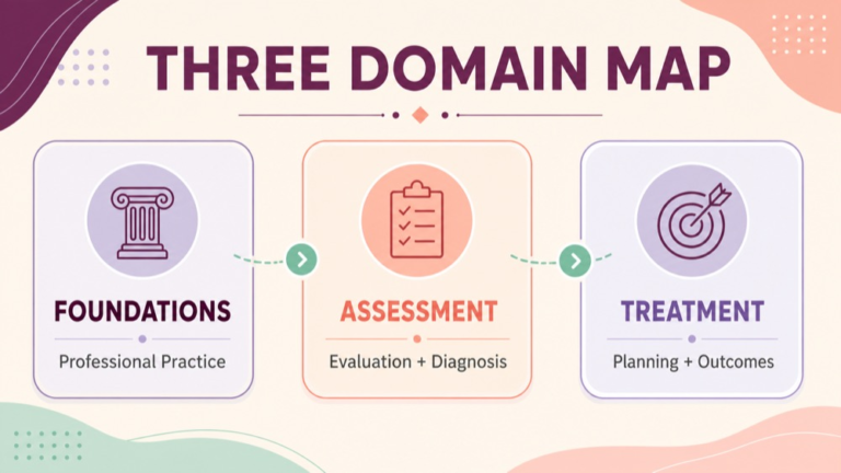 SLP Praxis practice questions by domain map for foundations assessment and treatment review