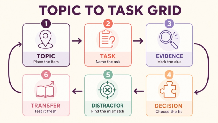 SLP Praxis practice questions by topic review grid connecting topic task evidence and transfer