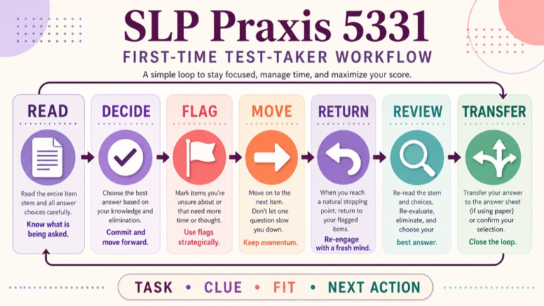 SLP Praxis practice test for first time test takers using a rehearsal workflow from read to review
