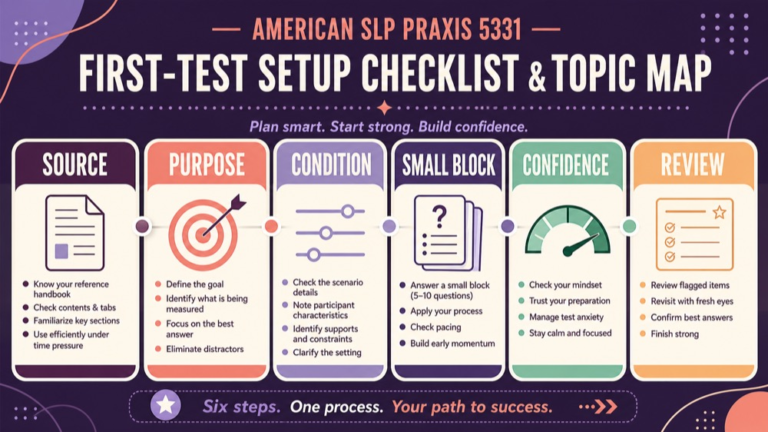 SLP Praxis practice test for beginners with a first-test setup checklist and topic map