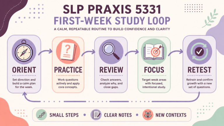 SLP Praxis practice test for beginners using a first-week study loop from test to review and retest
