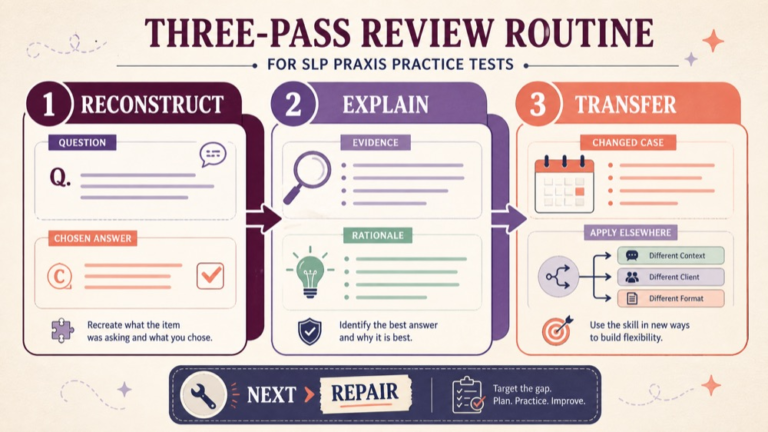 SLP Praxis practice test review three pass routine for task evidence and rationale