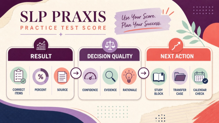SLP Praxis practice test score dashboard linking accuracy confidence pacing and error pattern