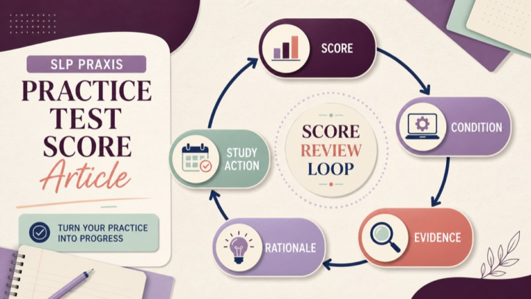 SLP Praxis practice test score review loop from result to evidence to next study action