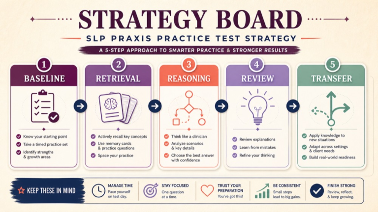 SLP Praxis practice test strategy board linking baseline recall reasoning and review