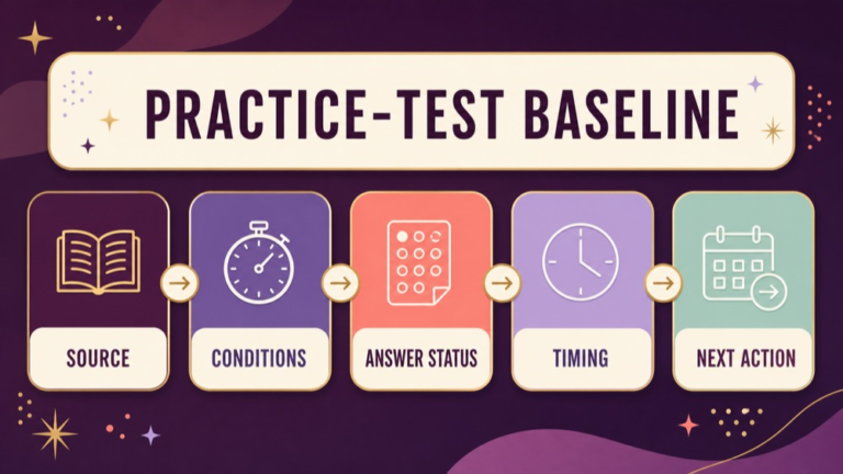 SLP Praxis practice test baseline setup showing source timing conditions answer status and next action