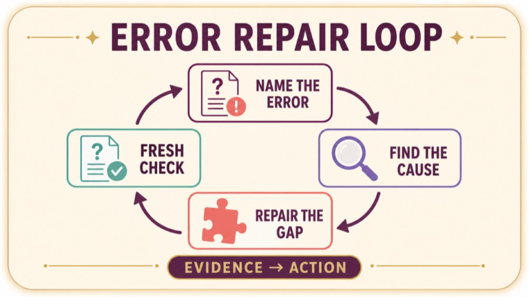 SLP Praxis practice test error repair cycle connecting missed question cause repair task and fresh check