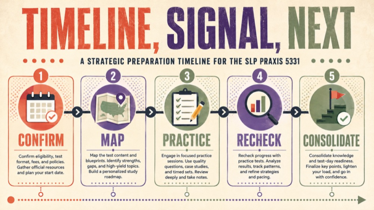 slp praxis preparation timeline infographic showing turn milestones into actions