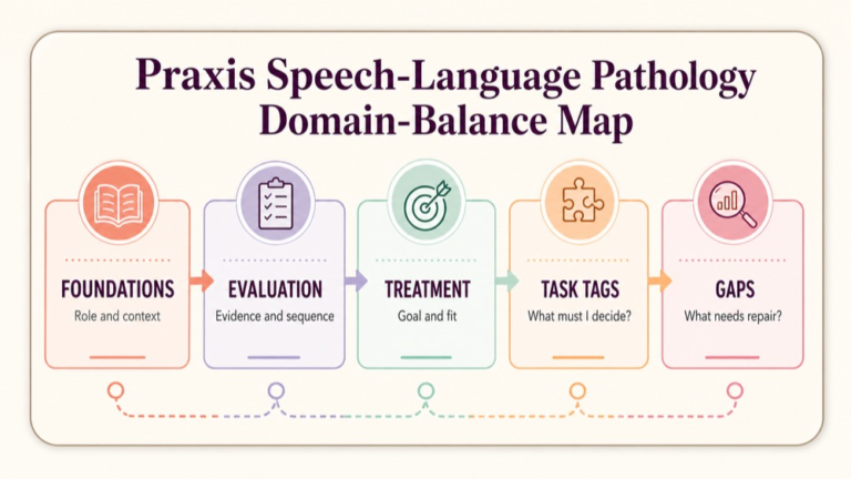 SLP Praxis question bank domain balance map for foundations evaluation and treatment