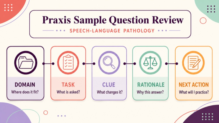 SLP Praxis sample questions review bank organized by domain evidence rationale and next action