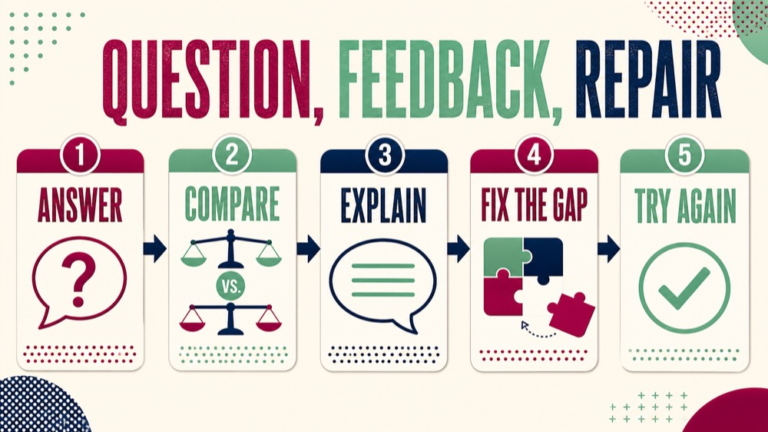 slp praxis self study plan infographic showing question, feedback, repair