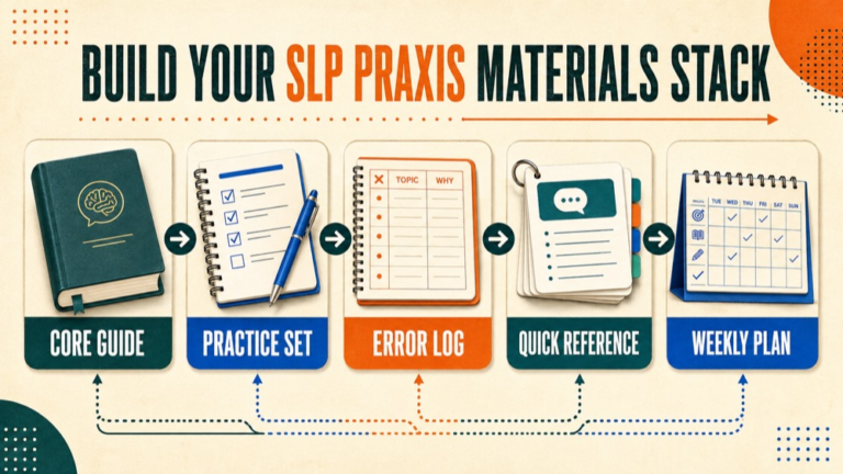 slp praxis study materials infographic showing build a working study stack