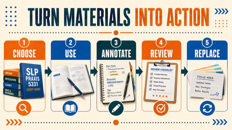 slp praxis study materials infographic showing scope, depth, practice, fit