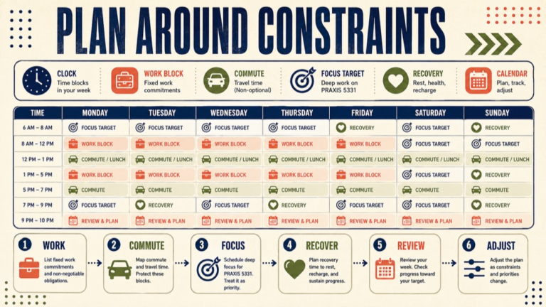 slp praxis study plan for working professionals infographic showing focus, recover, transfer